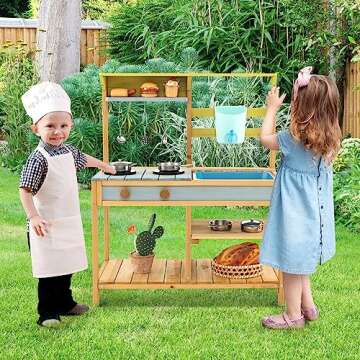 Costzon Wooden Kids Play Kitchen, Outdoor Mud Kitchen with Removable Sink, Water Box & Faucet, Stove Top, Storage Shelves, Fun Backyard Pretend Kitchen Playset for Boys Girls 3+ (Blue)