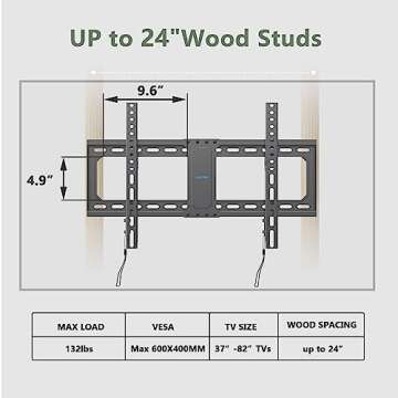 USX STAR UL Listed Fixed TV Wall Mount for 37-82 Inch TVs, Low Profile TV Mount Fits 16", 18", 24" Studs, Wall Mount TV Bracket with Quick Release Lock, Max VESA 600x400mm, Holds up to 132 lbs