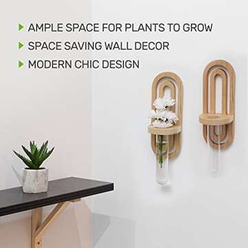 Beutikk Indoor Propagation Station - Home Decor - Test Tube Vase Planter - Wall Hanging Wood & Glass Terrarium - Office Decor - Modern Garden & Plant Station - Set of Two Skinny Vases & Wooden Holders