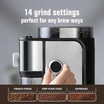 Ollygrin Flat Burr Coffee Grinder Electric, Coffee Bean Grinder Electric Espresso, Stainless Steel Coffee Bean Grinder With 14 Grind Settings 12 Cups SilverV01S