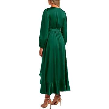 PRETTYGARDEN Women's Satin Fall Dress Semi Formal Satin Long Sleeve Wrap V Neck Ruffle Belted A-Line Flowy Maxi Dresses (Dark Green,Small)