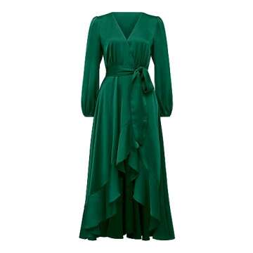 PRETTYGARDEN Women's Satin Fall Dress Semi Formal Satin Long Sleeve Wrap V Neck Ruffle Belted A-Line Flowy Maxi Dresses (Dark Green,Small)