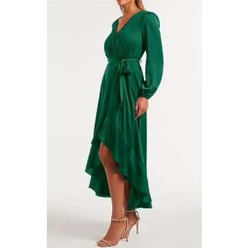 PRETTYGARDEN Women's Satin Fall Dress Semi Formal Satin Long Sleeve Wrap V Neck Ruffle Belted A-Line Flowy Maxi Dresses (Dark Green,Small)