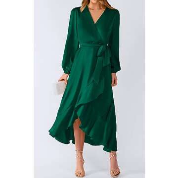 PRETTYGARDEN Women's Satin Fall Dress Semi Formal Satin Long Sleeve Wrap V Neck Ruffle Belted A-Line Flowy Maxi Dresses (Dark Green,Small)