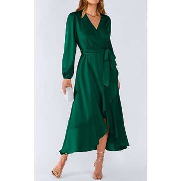 PRETTYGARDEN Women's Satin Fall Dress Semi Formal Satin Long Sleeve Wrap V Neck Ruffle Belted A-Line Flowy Maxi Dresses (Dark Green,Small)