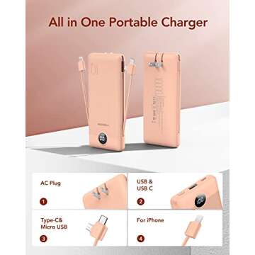 VEGER Portable Charger for iPhone Built in Cables Fast Charging USB C Slim 10000 Power Bank, Wall Plug USB Battery Pack for iPhones, iPad, Samsung More Phones Tablets (Pink)