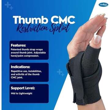 Comfort Cool Thumb CMC Restriction Splint. Patented Thumb Brace Provides Support and Compression. Helps with Arthritis, Tendinitis, Surgery, Dislocations, Sprains, Repetitive Use. Left Medium