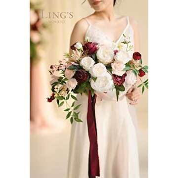 Ling's Moment 15 Inch Marsala Artificial Bridal Bouquet for Wedding Ceremony and Anniversary