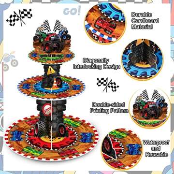 Sunnyray 3 Tier Truck Party Decorations Cupcake Stand Race Car Cupcake Tower Favors Racing Truck Party Dessert Holder Car Theme Dessert Stand for Kids Boys Car Birthday Race Car Party Supplies