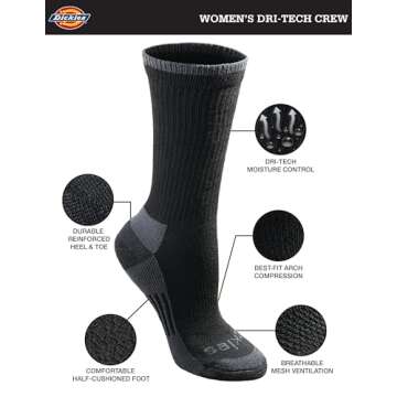 Dickies Women's Dritech Moisture Wicking Crew Socks - 6 Pairs in Black