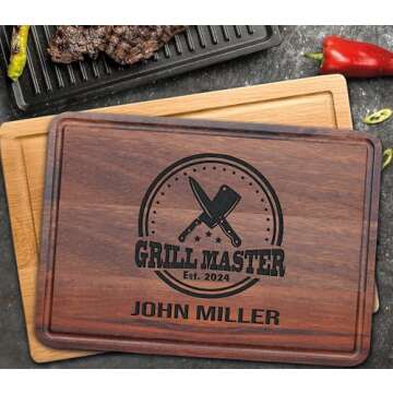 Personalized Barbeque and Grilling Gift for Fathers Day, Birthday, Anniversary, Christmas, Men, Husband, Dad, Grandpa, Him, Custom Wood Grill Cutting Board for Men, BBQ Masters, Chefs, Customized Wood