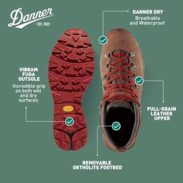 Danner Mountain 600 Hiking Boots for Women - Waterproof, Durable Suede Upper, Breathable Lining, Triple-Density Footbed & Vibram Traction Outsole, Brown/Red - 7 M