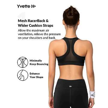 Yvette Zip Front Sports Bra - High Impact Sports Bras for Women Plus Size Workout Fitness Running,Black,M Plus