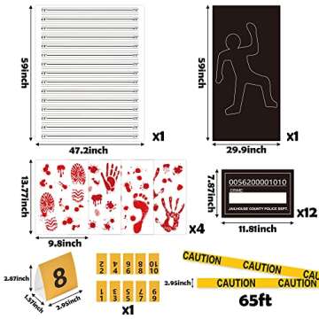 TICIAGA 29pcs Crime Scene Decors Kits, Body Silhouette Crime Scene Tape Evidence Markers and Bloody Sticker and Photo-Booth Props with Height Chart Backdrop Poster, Home for Crime Scene Party Decors