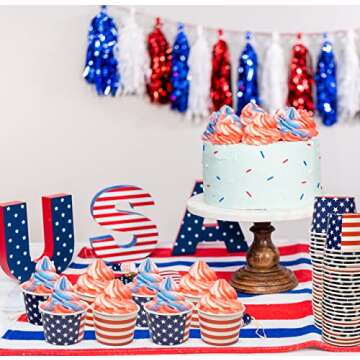 48 Count Patriotic Treat Snack Cups American Flag Disposable Paper Cup Dessert Ice Cream Bowls Red Blue & White Stars & Stripes Design For Frozen Treats Cupcakes July 4th Party Favor Supplies Decor