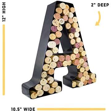 will's Metal Wine Cork Holder - Letters A to Z | Modern Housewarming Gift, Home Bar Decor Wine Gift, Wine Bar Decor, Wedding Registry Items | Large Wall Art | Wine Gifts for Women, Black Large (A)