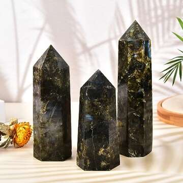 MOGEMT Large Labradorite Crystal Tower Natural Healing Crystal Point Wand Obelisk 6 Faceted Reiki Chakra Meditation Therapy Home Decor Gift 1-1.5 LBS