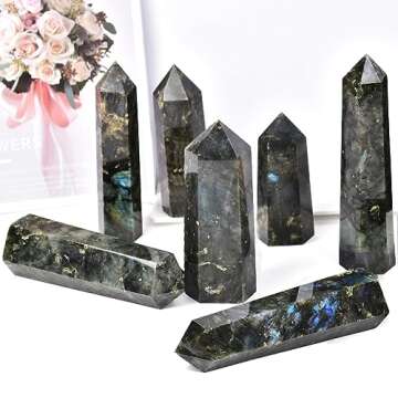 MOGEMT Large Labradorite Crystal Tower Natural Healing Crystal Point Wand Obelisk 6 Faceted Reiki Chakra Meditation Therapy Home Decor Gift 1-1.5 LBS