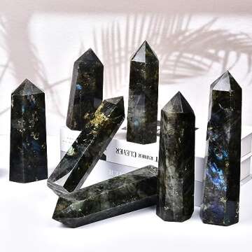 MOGEMT Large Labradorite Crystal Tower Natural Healing Crystal Point Wand Obelisk 6 Faceted Reiki Chakra Meditation Therapy Home Decor Gift 1-1.5 LBS