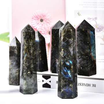 MOGEMT Large Labradorite Crystal Tower Natural Healing Crystal Point Wand Obelisk 6 Faceted Reiki Chakra Meditation Therapy Home Decor Gift 1-1.5 LBS