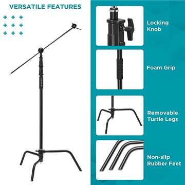 Flashpoint 10.5' C Light Stand on Turtle Base Kit with Two Tier Spring Loaded Riser Column, 40" Grip Arm, Two 3" GOBO Heads and Baby Pin, Black, This C Stand is Suitable for Cinema and Still Studios