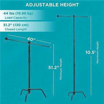 Flashpoint 10.5' C Light Stand on Turtle Base Kit with Two Tier Spring Loaded Riser Column, 40" Grip Arm, Two 3" GOBO Heads and Baby Pin, Black, This C Stand is Suitable for Cinema and Still Studios