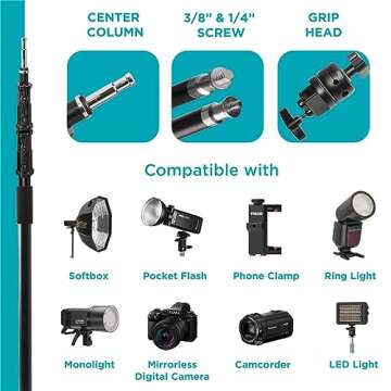 Flashpoint 10.5' C Light Stand on Turtle Base Kit with Two Tier Spring Loaded Riser Column, 40" Grip Arm, Two 3" GOBO Heads and Baby Pin, Black, This C Stand is Suitable for Cinema and Still Studios