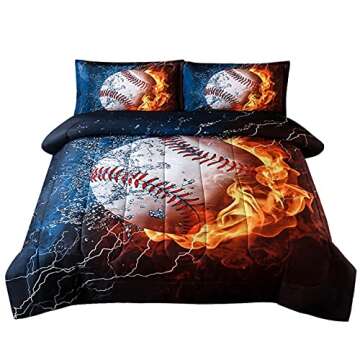 JQinHome Full 3-Piece Baseball and Fire Comforter Sets -3D Sports Themed - All-Season Down Alternative Quilted Duvet - Reversible Design - Includes 1 Comforter, 2 Pillow Shams