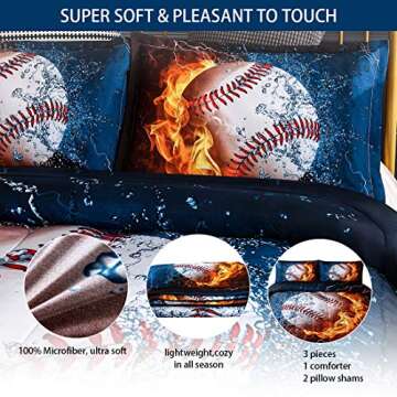 JQinHome Full 3-Piece Baseball and Fire Comforter Sets -3D Sports Themed - All-Season Down Alternative Quilted Duvet - Reversible Design - Includes 1 Comforter, 2 Pillow Shams