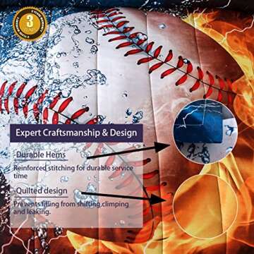 JQinHome Full 3-Piece Baseball and Fire Comforter Sets -3D Sports Themed - All-Season Down Alternative Quilted Duvet - Reversible Design - Includes 1 Comforter, 2 Pillow Shams