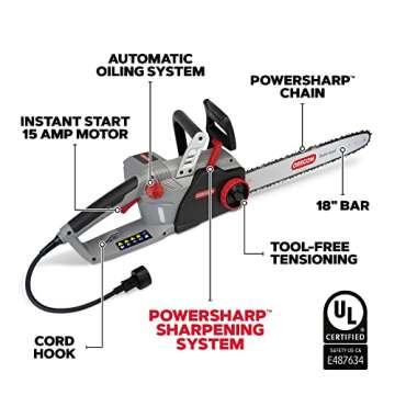 Oregon CS1500 18-inch 15 Amp Self-Sharpening Corded Electric Chainsaw, with Integrated Self-Sharpening System (PowerSharp), 2-Year Warranty, 120V, Grey, Black