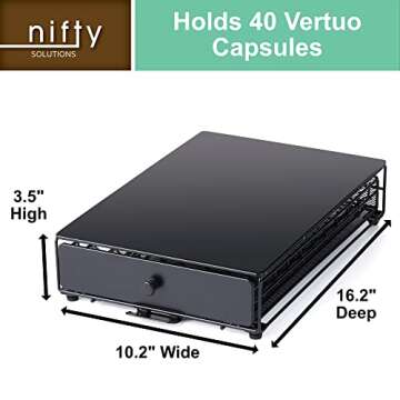 Nifty Vertuoline Rolling Coffee Pod Drawer – Satin Black Finish, 40 Pod Capsule Holder, Compact Under Coffee Pot Storage, Office or Home Kitchen Counter Organizer