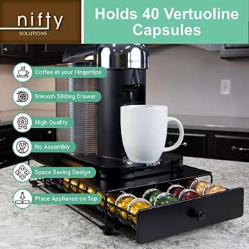 Nifty Vertuoline Rolling Coffee Pod Drawer – Satin Black Finish, 40 Pod Capsule Holder, Compact Under Coffee Pot Storage, Office or Home Kitchen Counter Organizer