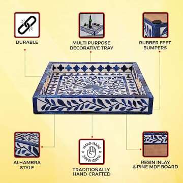 Handicrafts Home Alhambra Medio Pattern Inspired Decorative Trays 12x12 - Chic Azul Centerpiece, Versatile Ottoman Tray for Modern Home Decor, Artistic Kitchen Serving Tray, Ideal Gift-Worthy Tray