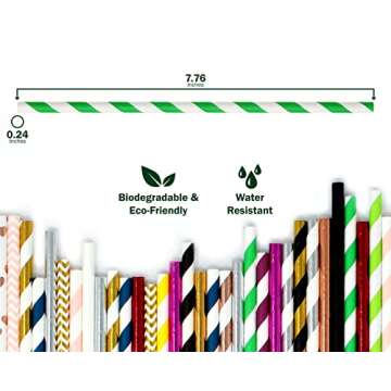 150-Pack Premium Green Striped Paper Straws - Biodegradable Cake Pop Sticks for Weddings, Birthdays, Anniversaries, Holiday Celebrations, and Disposable Drinking Straws