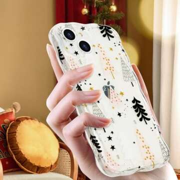 L-FADNUT Christmas Phone Case for iPhone 13 Cute Curly Wavy Merry Christmas Pattern Case Clear Aesthetic Santa Snowman Elk Cover for Girls Kids Women Slim TPU Protective Case for iPhone 13,Tree