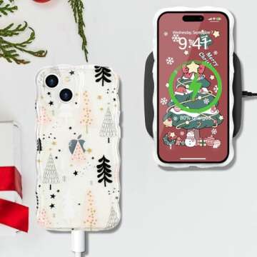 L-FADNUT Christmas Phone Case for iPhone 13 Cute Curly Wavy Merry Christmas Pattern Case Clear Aesthetic Santa Snowman Elk Cover for Girls Kids Women Slim TPU Protective Case for iPhone 13,Tree