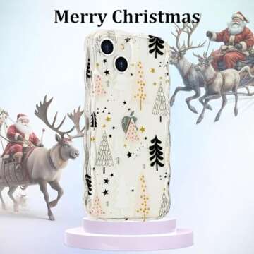 L-FADNUT Christmas Phone Case for iPhone 13 Cute Curly Wavy Merry Christmas Pattern Case Clear Aesthetic Santa Snowman Elk Cover for Girls Kids Women Slim TPU Protective Case for iPhone 13,Tree