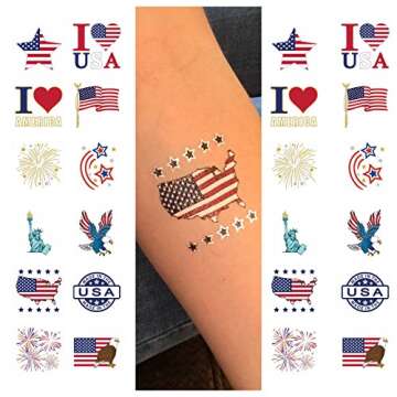 24 Patriotic Temporary Tattoos | 4th of July Party Supplies | USA Party Favors and Fourth of July Party Decorations | Metallic American Flag Red White and Blue Fake Tattoos | By John & Judy