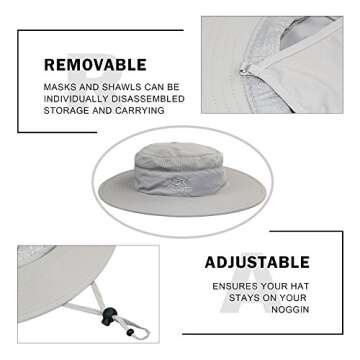 YR.Lover Outdoor UV Sun Protection Wide Brim Fishing Cap with Removable Flap Light Gray