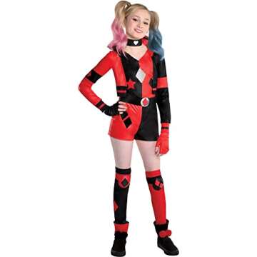 Party City Harley Quinn Costume for Girls - DC Comics Harley Costume Includes Romper, Choker, Gloves & Leg Warmers - Costumes for Halloween, Birthday Parties & Themed Events