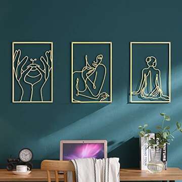 Gold Wall Art Decor Set of 3 , 0.12'' Thicker Metal Minimalist Decor Art, Modern Abstract Female Single Line Art Home Hanging Wall Sculptures, Gold Room Decor Accents for Bedroom Living Room (18.0