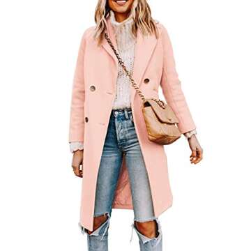 Yousify Womens Notched Lapel Collar Double Breasted Pea Coat Winter Wool Blend Over Coats Long Jackets Pink M