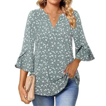 Gaharu Womens Blouses Ladies 3/4 Sleeve Blouses V Neck Bell Sleeve Shirts for 2025 Tunic Length Chiffon Summer Blouse Business Casual Outfits Printed Top Office Wear Multi-Green,L