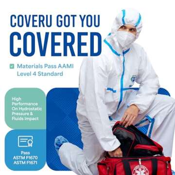 Medtecs Hazmat Suits - 6 Sizes Options (1 PC) - with Sealed Tape - Fabric Passed AAMI Level 4 Disposable Coverall PPE Suit for Biohazard Chemical Protection - Full Body Protective with Hood | S