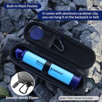 Membrane Solutions Portable Water Filter with A Official Carry Case, Emergency Water Filtration Straw Bag Survival, Lightweight 5-Stage Water Purifier for Camping Hiking Backpacking and Tactical Gear