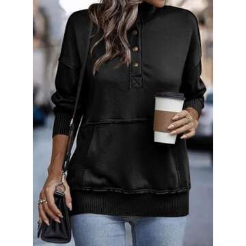 SHEWIN Womens Sweatshirt Casual Long Sleeve Lightweight Sweatshirts Loose Button V Neck Pullover Tops Fall Clothes for Women 2024,US 0-2(XS),Black