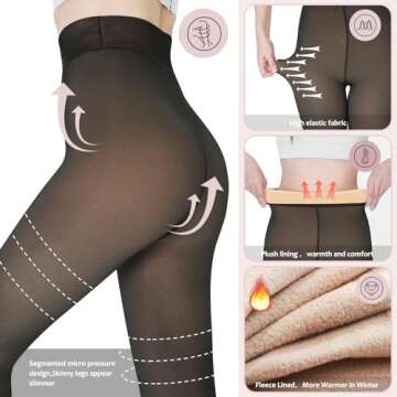 UISLII Fleece Lined Women's Tights Warm, Fake Translucent, Thermal, Skin Colored for Winter (Black Foot, Medium-Tall)