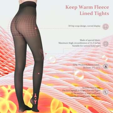 UISLII Fleece Lined Women's Tights Warm, Fake Translucent, Thermal, Skin Colored for Winter (Black Foot, Medium-Tall)