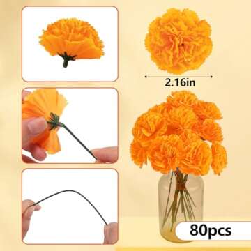 JMUQ 80 Pcs Artificial Marigold Flowers, 2 inch Silk Marigolds Bulk with Stems, Orange Artificial Flowers for Dia De Los Muertos Diwali Home Decor Marigold Garland Day of The Dead Decorations